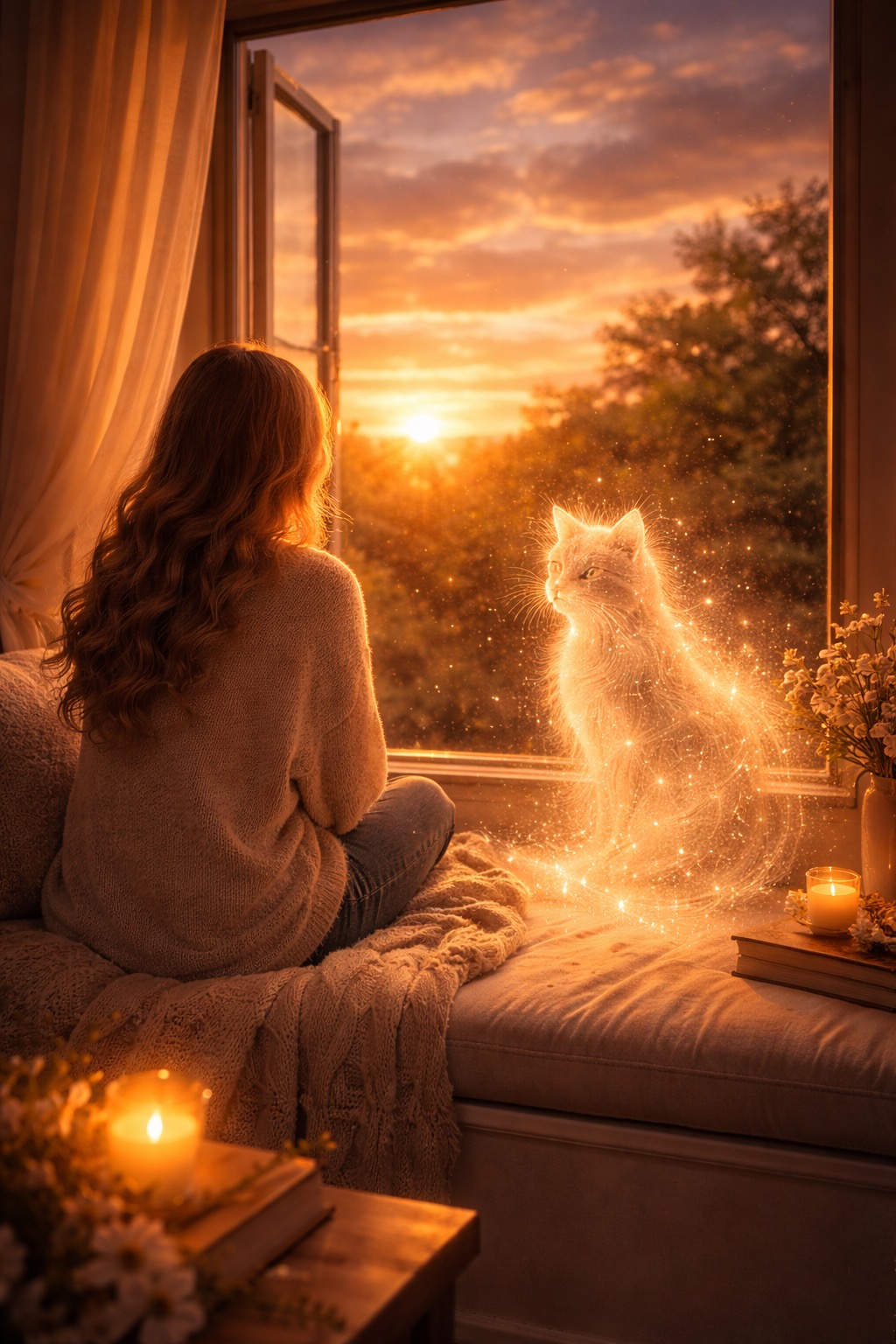 Eine Frau blickt in den Sonnenuntergang, während die leuchtende Gestalt einer Katze bei ihr sitzt