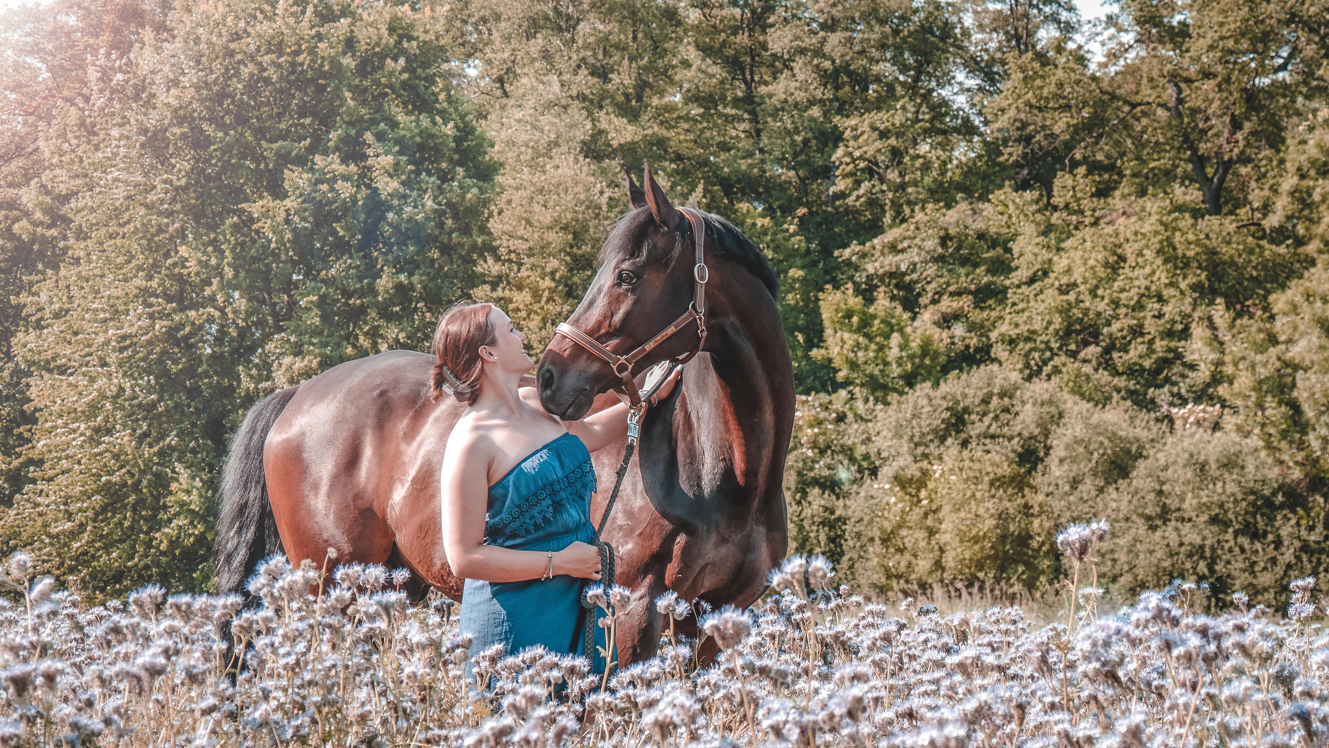 Samantha mit Pferd auf einer Wiese