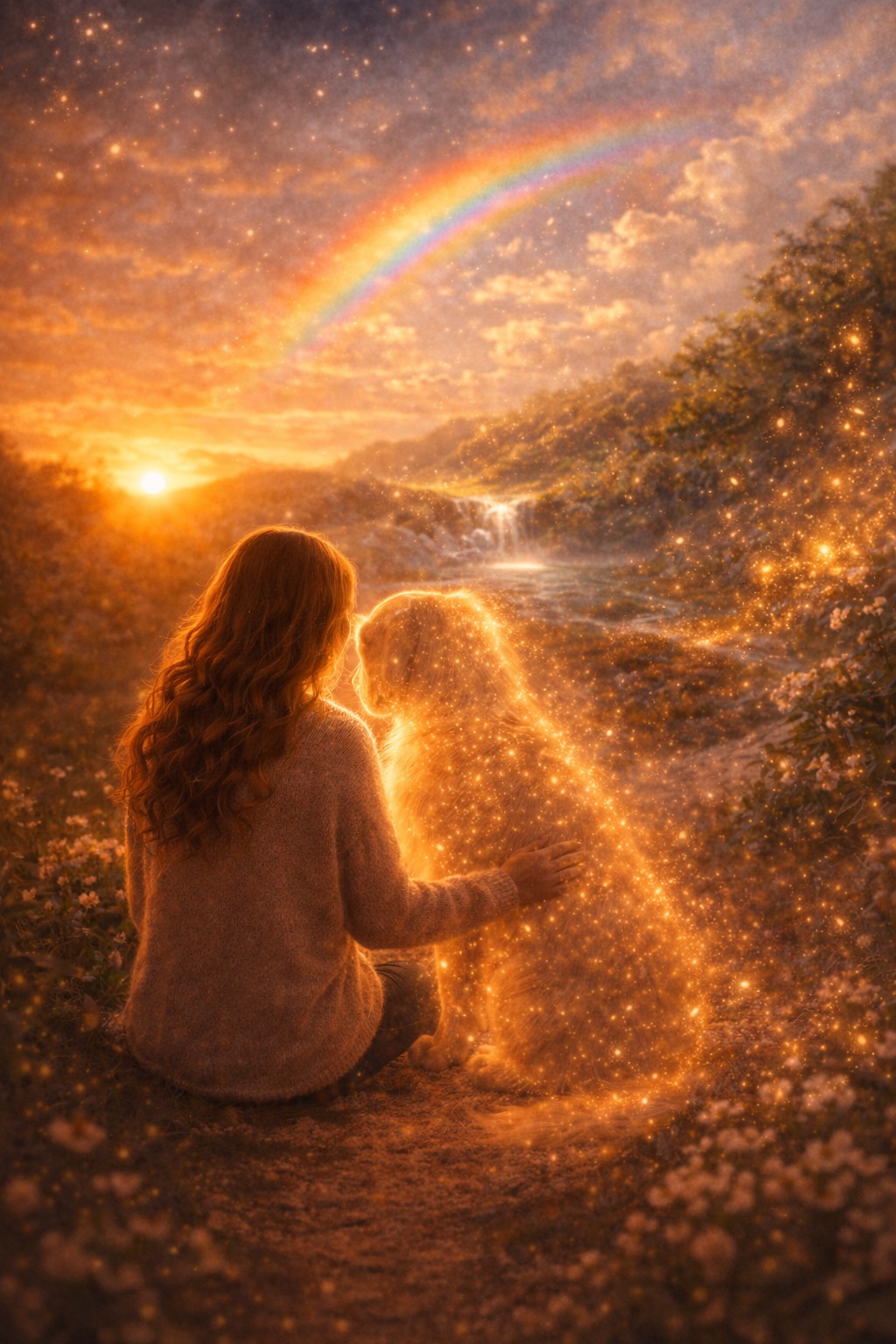 Eine Frau sitzt mit einem leuchtenden Hund unter einem Regenbogen, verbunden über den Abschied hinaus