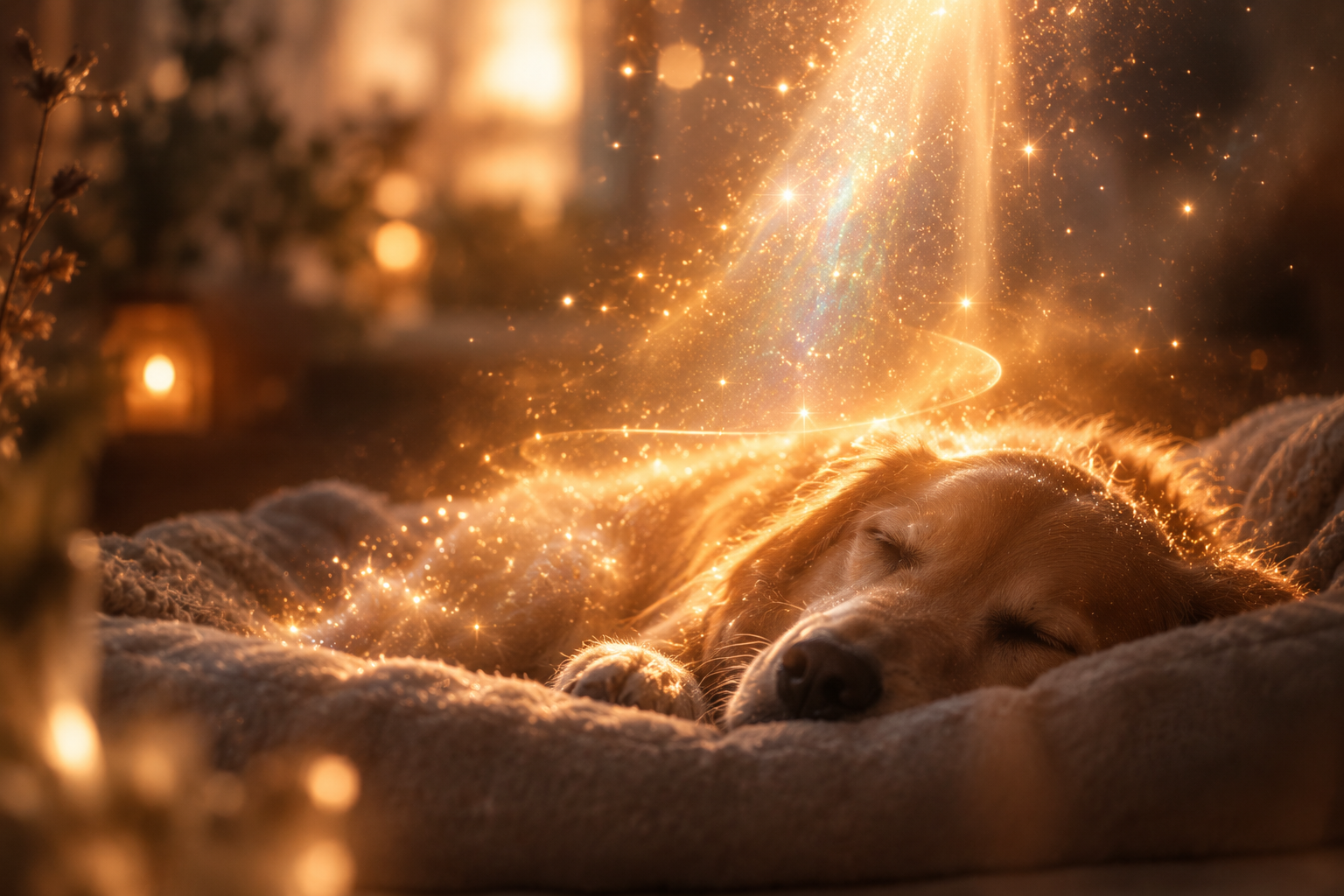 Schlafender Hund in goldenem Licht als Symbol für Fernreiki für Tiere