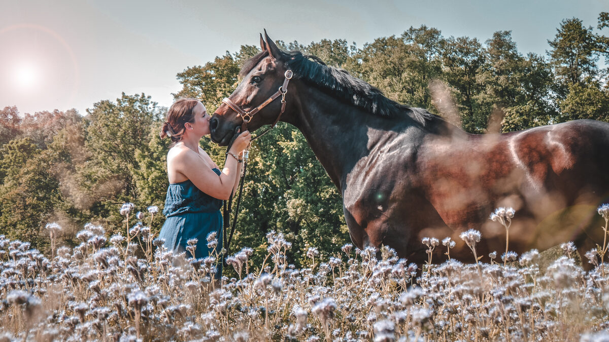 Samantha mit Pferd auf der Blumenwiese